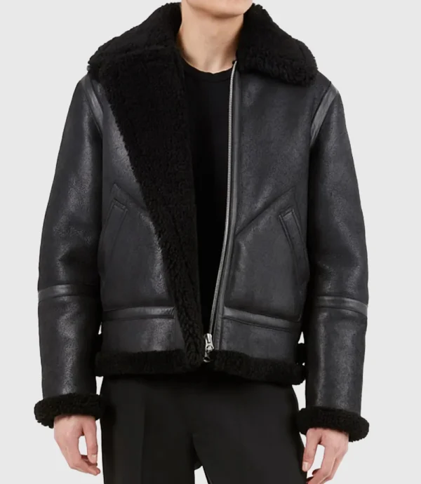 Mens Biker Shearling Black Leather Jacket