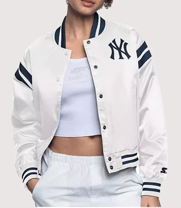 Women's New York Yankees Full Count Full-Snap White Varsity Jacket