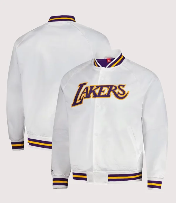 Los Angeles Lakers Mitchell & Ness White Satin Varsity Jacket