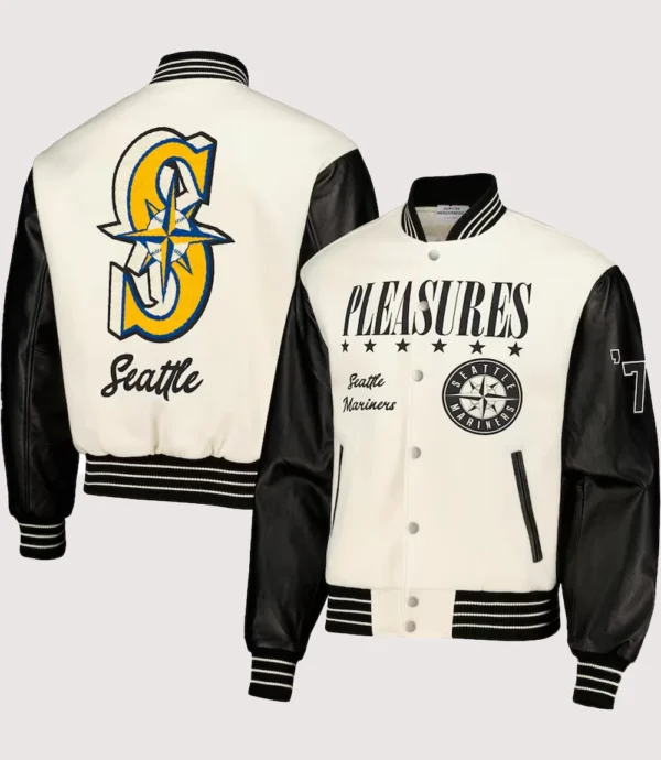 Seattle Mariners Pleasures White And Black Full-Snap Varsity Jacket