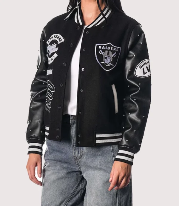 Las Vegas Raiders The Wild Collective Women's Black Varsity Full-Snap Sparkle Jacket